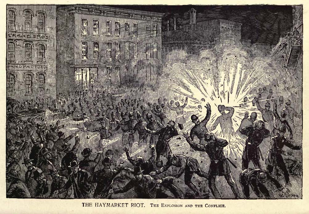 Haymarket Square 1886. május 4., a szocialista-anarchisták bombarobbantása, korabeli illusztráció (forrás: Wikipédia)